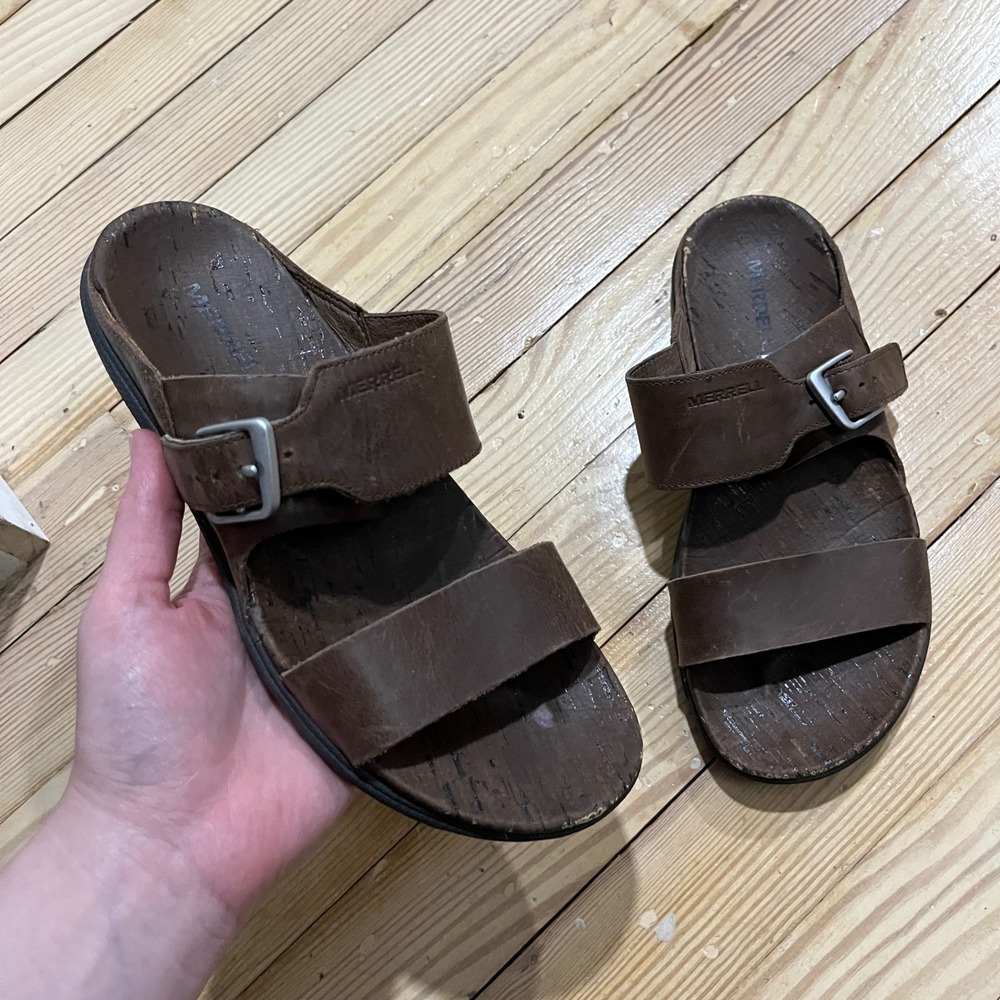 Merrell Leather Slide Sandals Womens 7 Brown Buckle Cork Footbed J03758